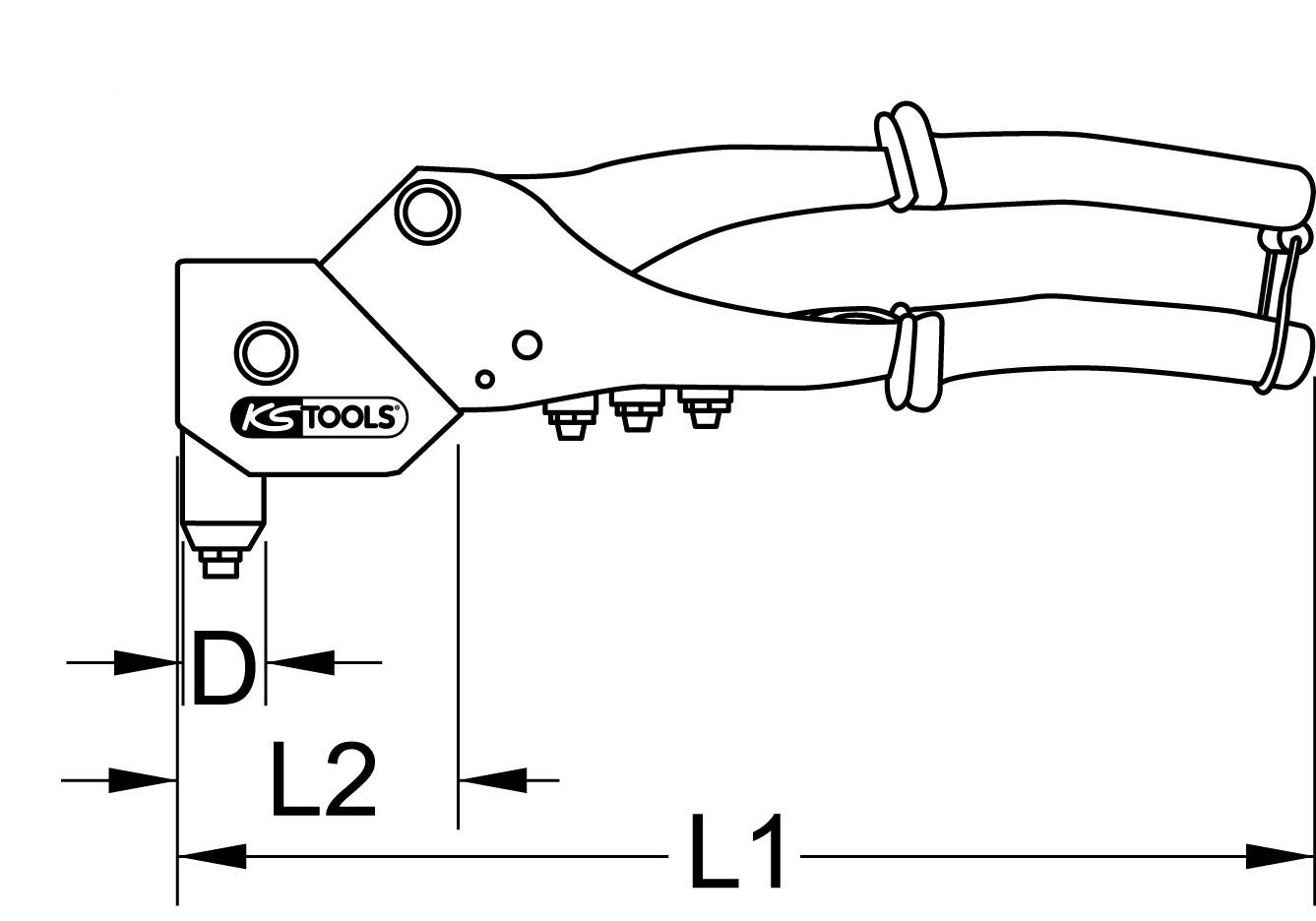 Handnietzange mit Maße L1, L2 und D, zusammen mit der Aufschrift 'KS Tools'.