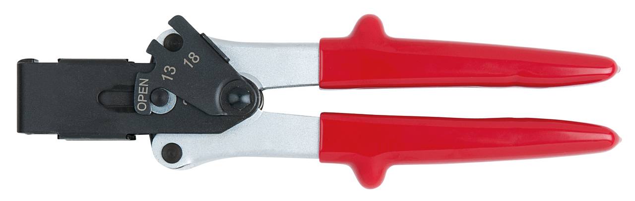 Eine Zange mit roten Griffen, geeignet zum Schneiden von Kabeln. Text 'OPEN 13 18' auf schwarzem Teil des Werkzeugs sichtbar.