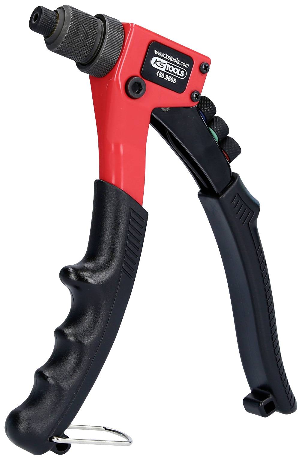 Rote Nietenpistole mit schwarzem Griff, verwendet für das Verbinden von Materialien durch Nieten.
