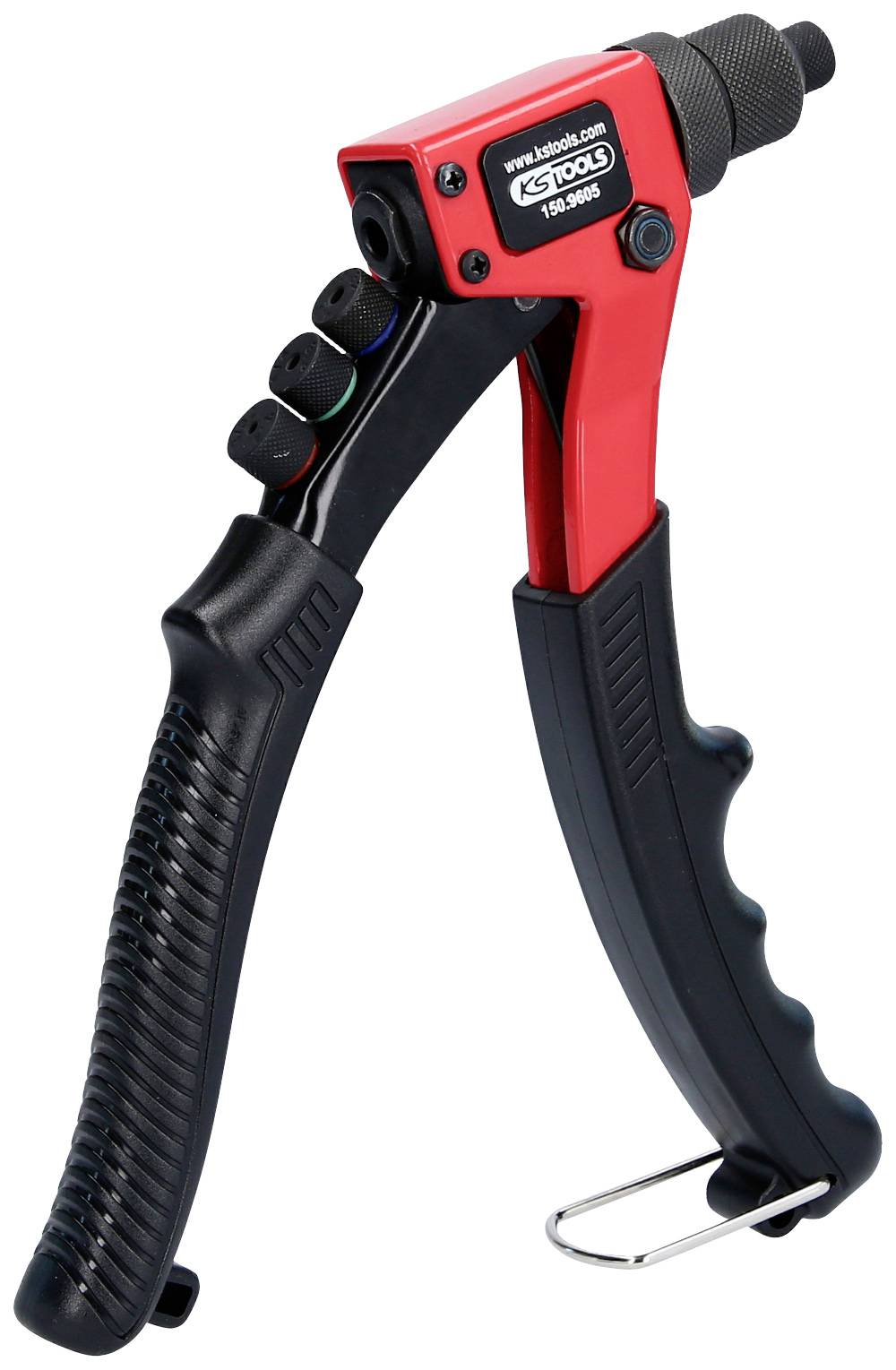 Rote Handnietenzange mit schwarzem Griff, geeignet für Metall- und Handwerksarbeiten. Enthält austauschbare Düsenaufsätze.