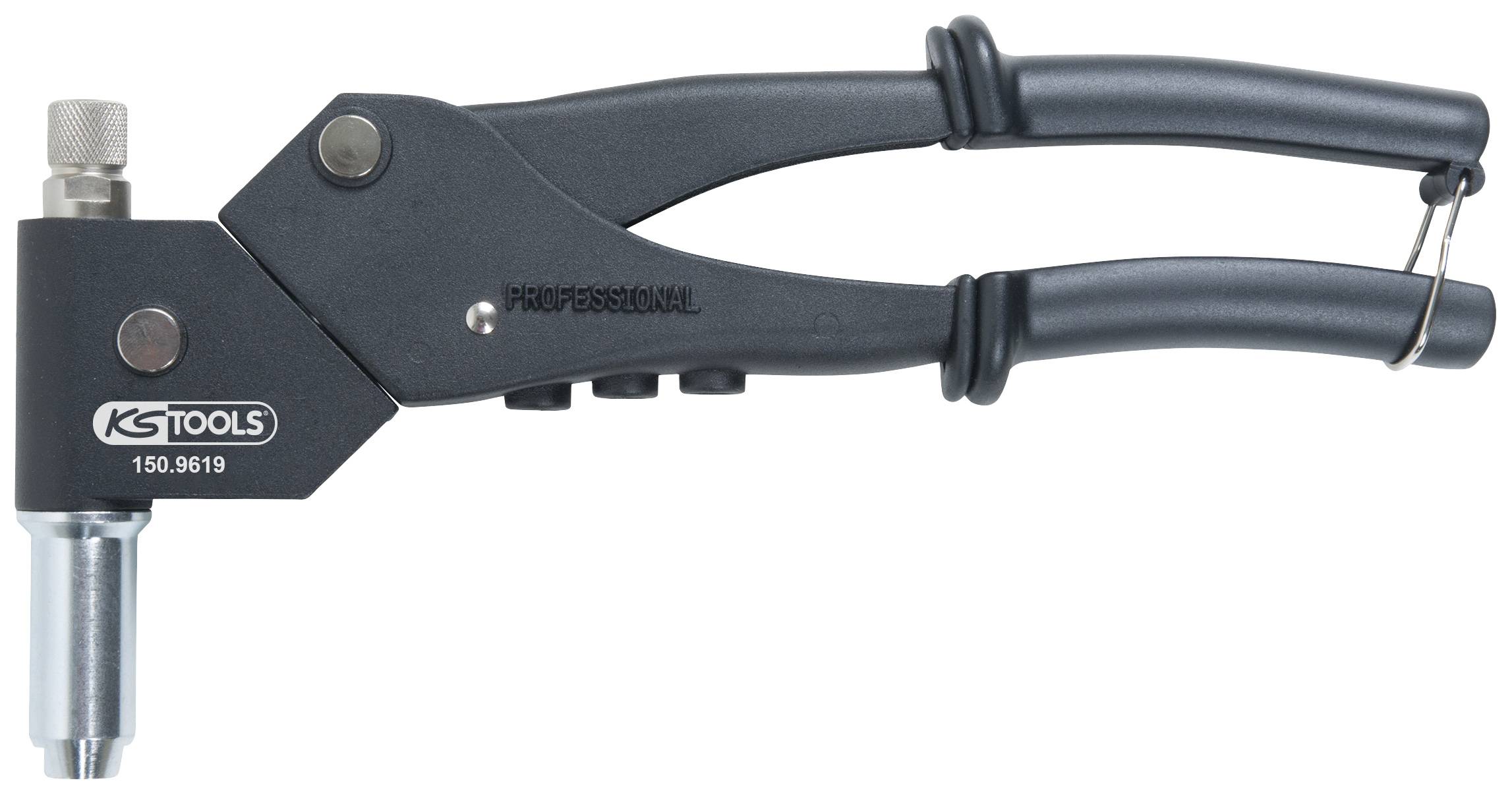 Zange mit schwarzem Griff, geprägt mit 'PROFESSIONAL', Metallkopf mit Logo 'KS TOOLS 150.9619', geeignet für Nietenanwendung.