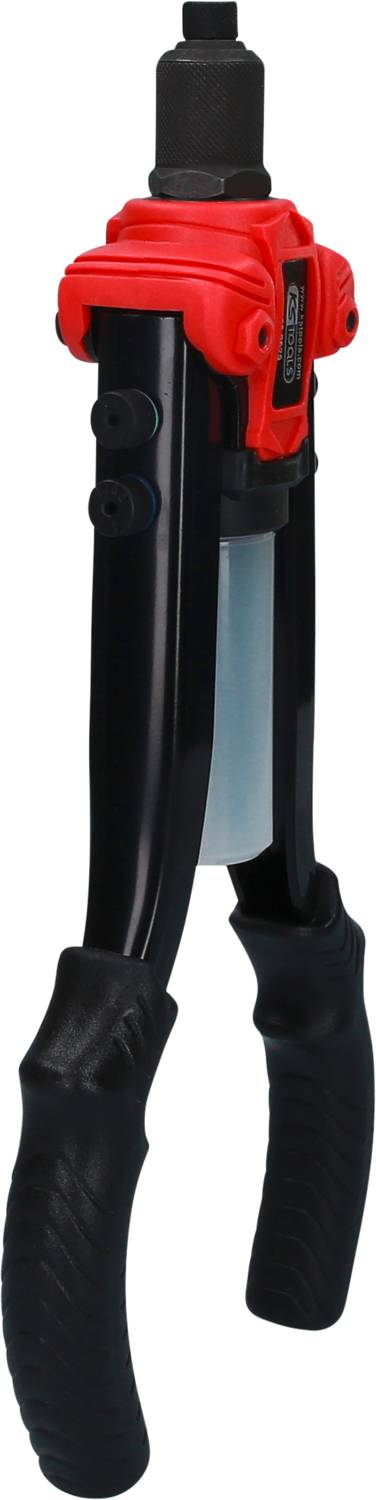 Ein schwarzer und roter Hebel-Treiber mit ergonomischen Griffen, verwendet für das Einsetzen von Blindnieten in unterschiedlichen Materialien.