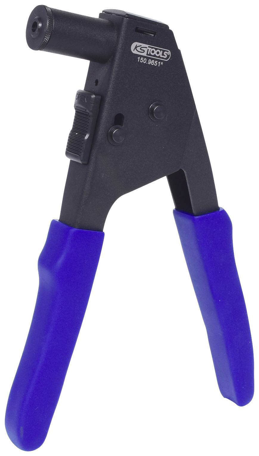 Handnietzange mit blauen Griffen, geeignet zum Verbinden von Materialien durch Nieten.
