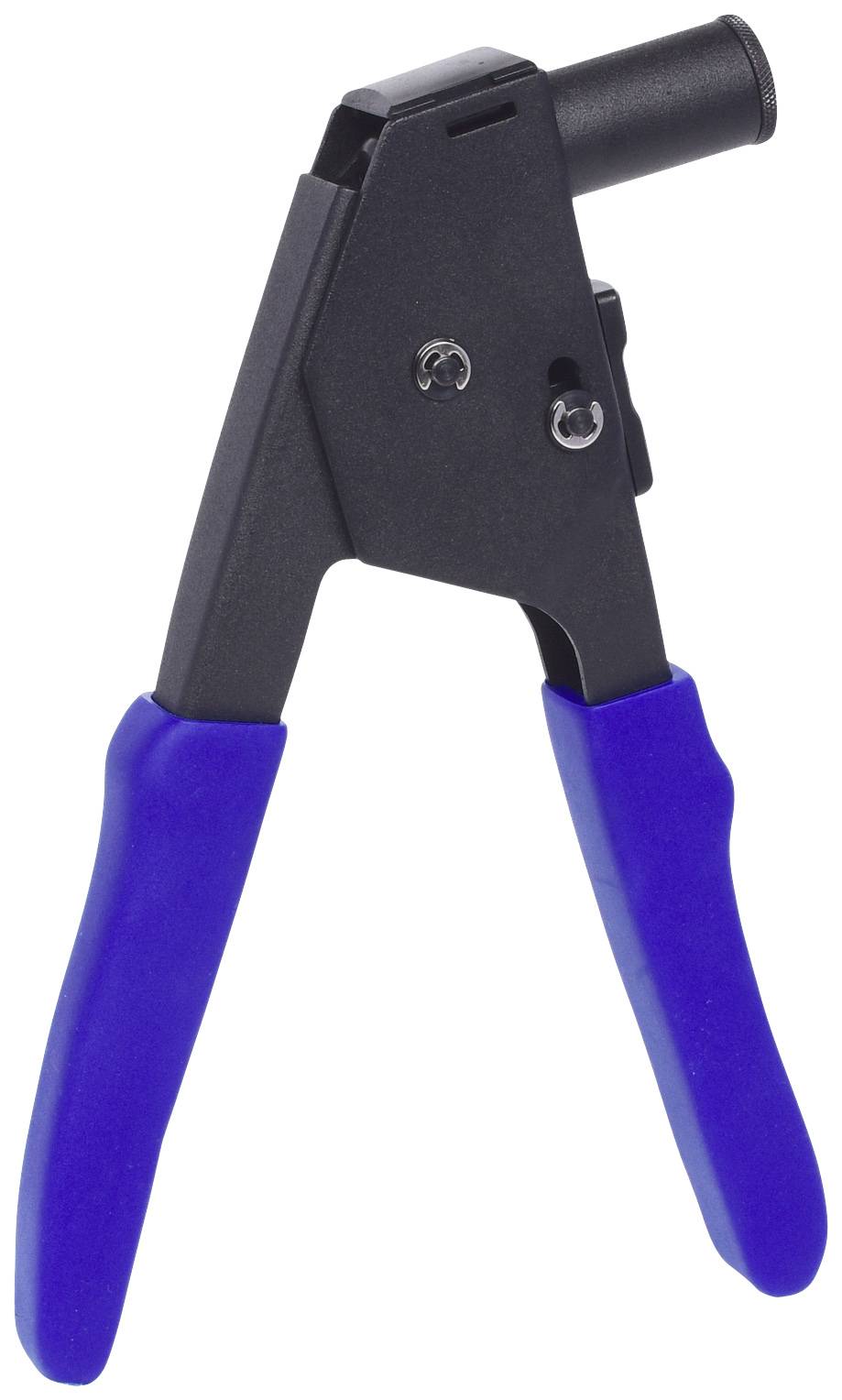 Eine Nietzange mit schwarzen Backen und blauen Griffen. Sie wird zum Verbinden von Materialien mit Blindnieten verwendet.
