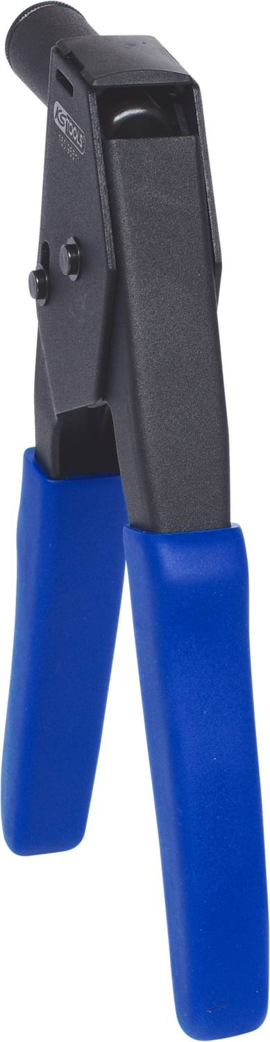 Die Abbildung zeigt eine Crimpzange mit blauen Griffen, geeignet zum Verpressen von Kabelschuhen oder Steckverbindern in der Elektroinstallation.