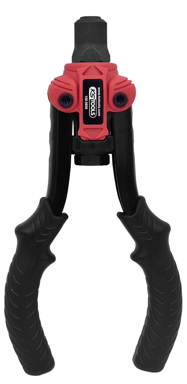 Eine rote Nietzange mit schwarzen Griffen, geeignet zum Setzen von Nieten in verschiedenen Materialien.