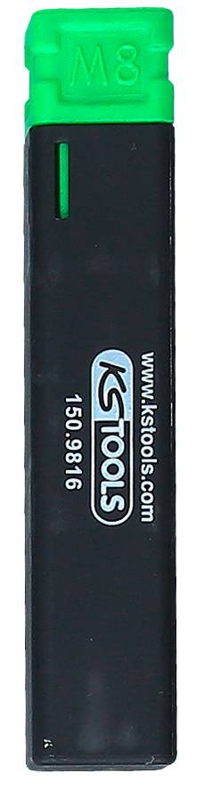 Schwarzer Feuerzeug-Zündstein mit grüner Oberseite, Markenzeichen 'KS Tools', Modellnummer '150.8916'.
