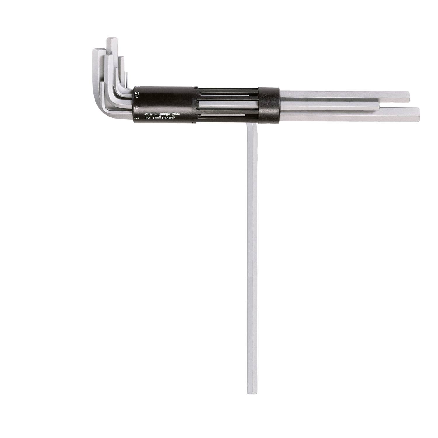 Mehrere Inbusschlüssel unterschiedlicher Größe sind in einem runden Halter angeordnet, der den Transport erleichtert.