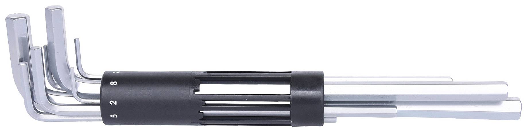 Satz Inbusschlüssel in verschiedenen Größen, geordnet in einer schwarzen Halterung.