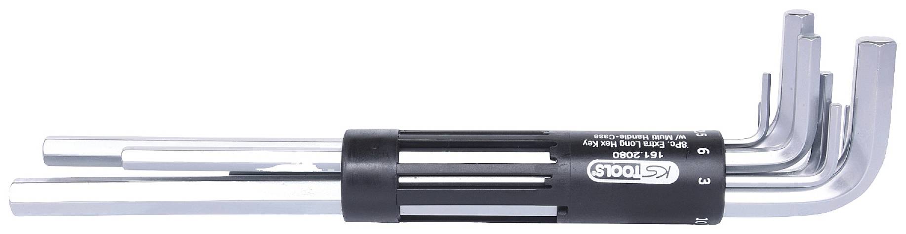 Inbusschlüssel-Set mit sechs unterschiedlich großen Schlüsseln im Halter, von 2 bis 8 mm, in silbernem Finish.