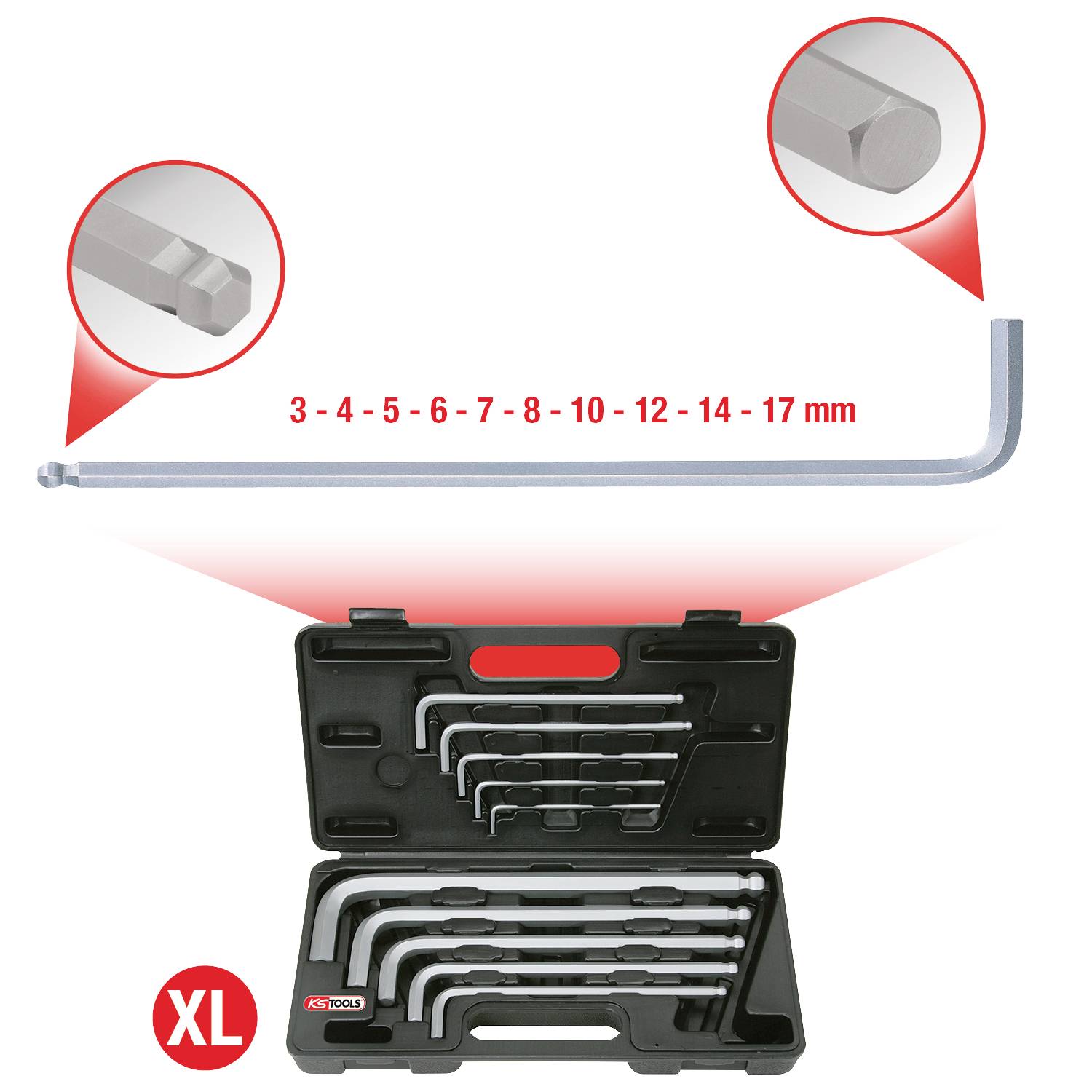 Set mit extra langen Sechskantschlüsseln in verschiedenen Größen von 3 bis 17 mm, in einem offenen schwarzen Werkzeugkasten.