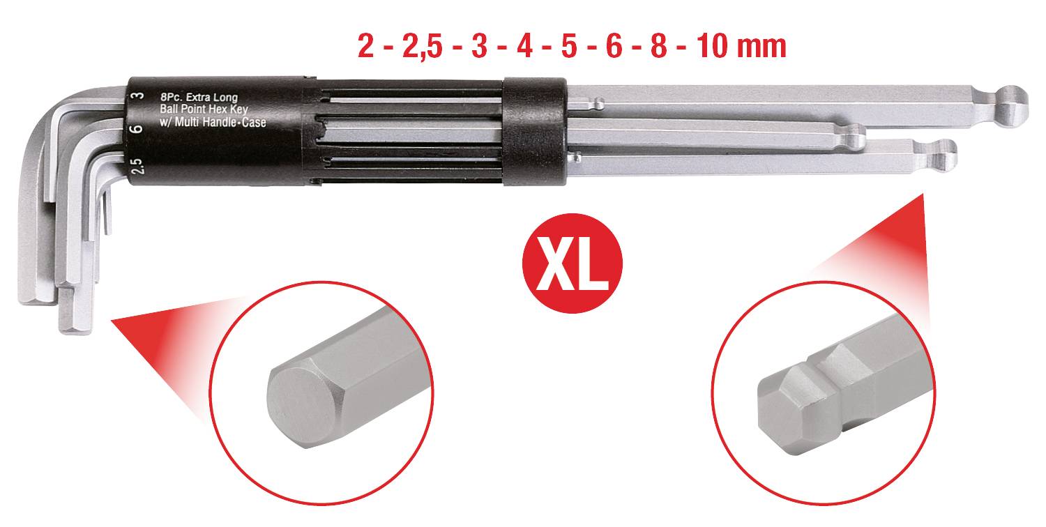 Satz von neun langen Innensechskantschlüsseln in Größen von 2 bis 10 mm, mit kugelförmigen Spitzen, hervorgehobene Detailansichten.