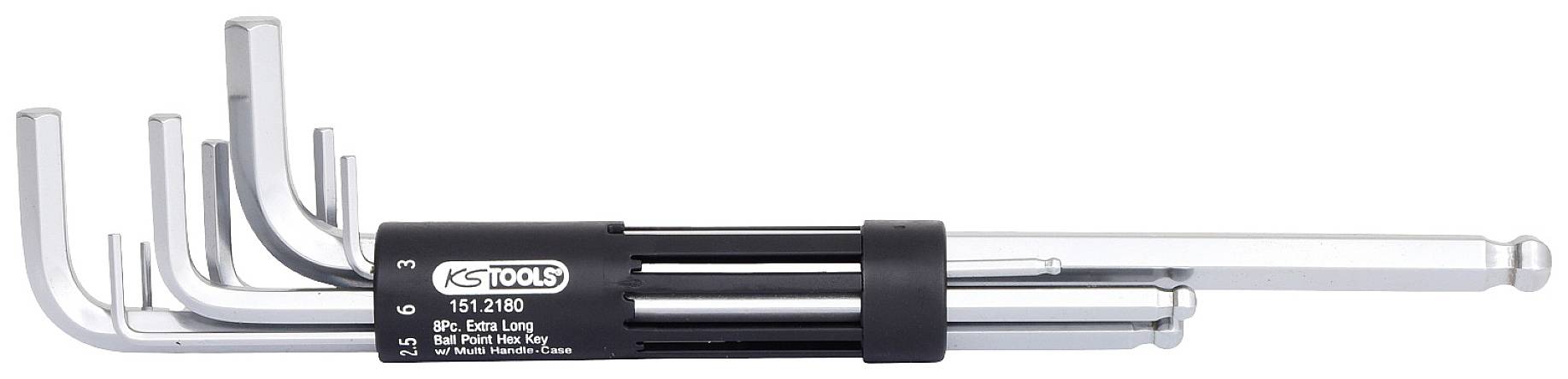 Ein Satz Inbusschlüssel in verschiedenen Größen, angeordnet in einem schwarzen Halter mit dem Logo 'KS Tools' und Produktinformationen.