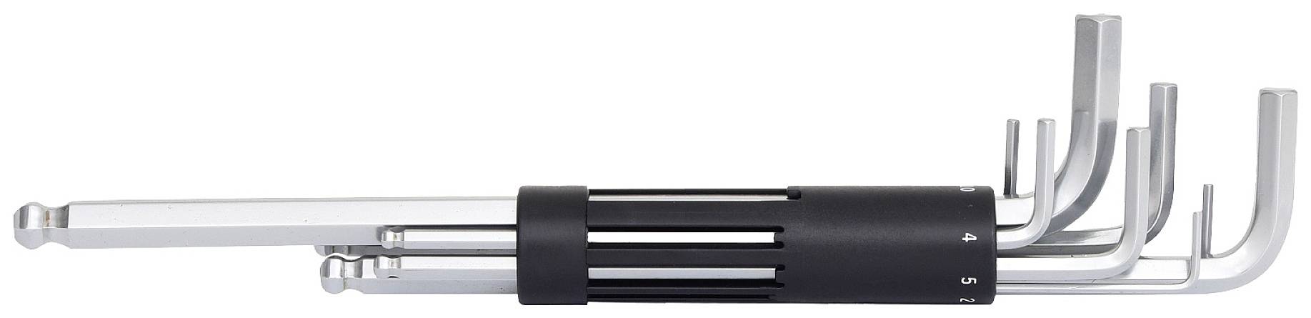 Ein Satz L-förmiger Inbusschlüssel in verschiedenen Größen, die sich aus einem schwarzen Halter ausklappen lassen.