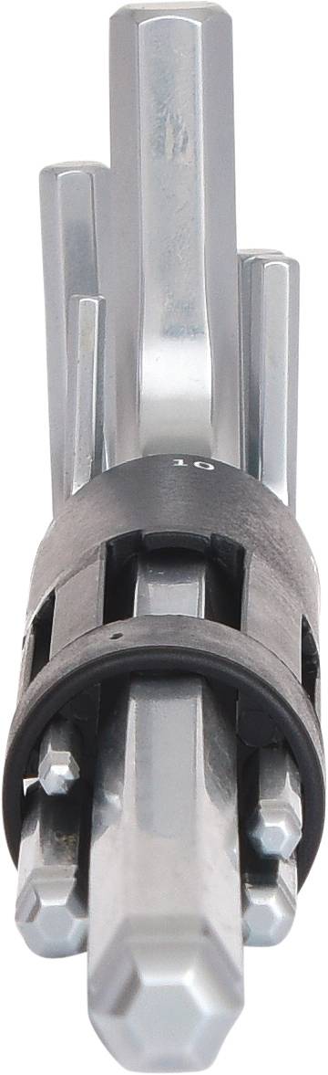 Silbernes Sechskant-Schraubendreher-Set mit schwarzem Halter, Ansicht von oben, bestehend aus unterschiedlichen Größen.