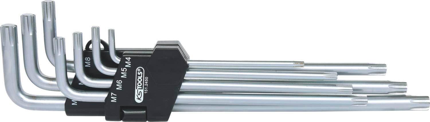 Ein Set von Inbusschlüsseln in einem schwarzen Halter, sortiert nach Größe von M4 bis M8. Ideal für verschiedene Schraubarbeiten.
