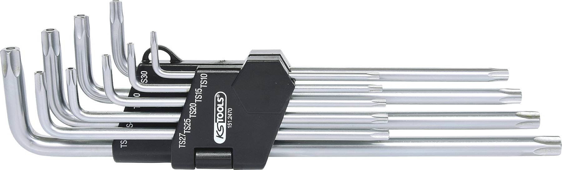 Satz von sieben Torx-Schlüsseln in verschiedenen Größen mit Halterung, für mechanische Arbeiten und Reparaturen geeignet.