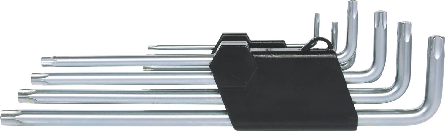 Sechskantschlüsselsatz aus Metall in verschiedenen Größen, in einem schwarzen Kunststoffhalter, auf weißem Hintergrund.