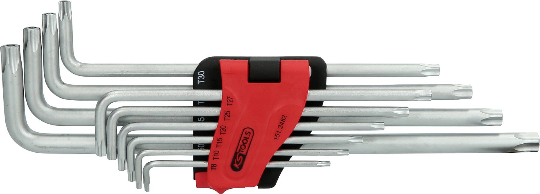 Ein Set von neun unterschiedlich großen Torx-Schlüsseln in einem roten Halter. Diese werden zur Bearbeitung von Torx-Schrauben verwendet.