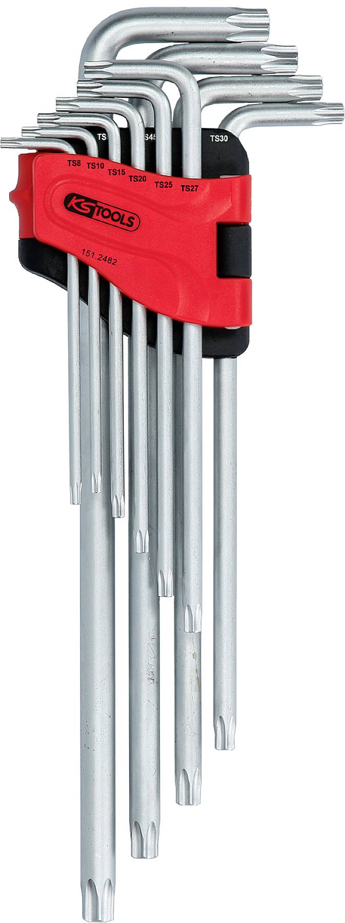 Ein Set von neun silbernen Torx-Schlüsseln in verschiedenen Größen, organisiert in einem roten Halter mit schwarzem Detail.