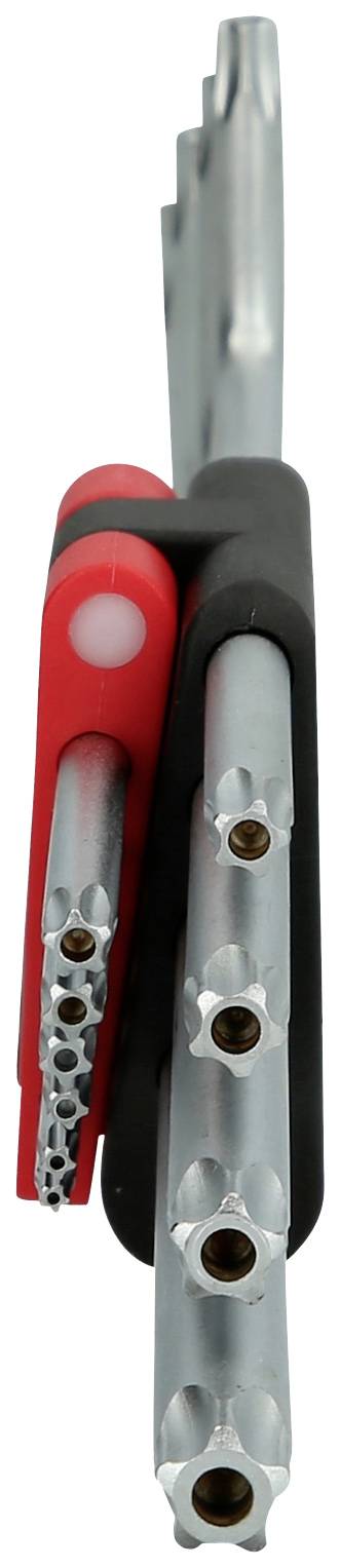 Eine Nahaufnahme eines Satzes von Inbusschlüsseln unterschiedlicher Größe, teilweise in einer roten und schwarzen Halterung fixiert.