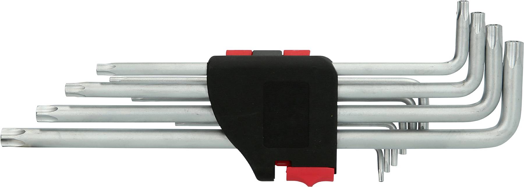 Ein Satz Torx-Schlüssel verschiedener Größen in einem schwarzen und roten Halter.