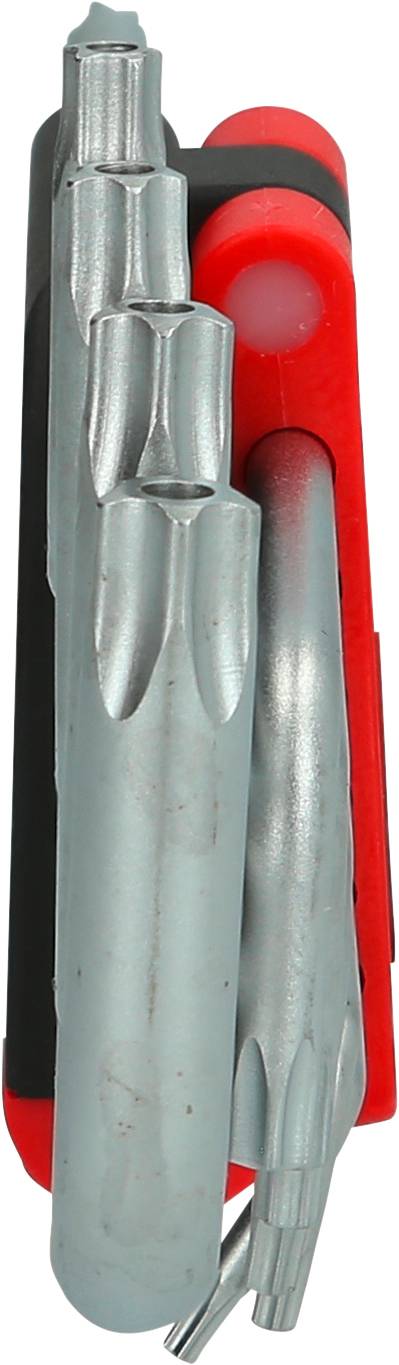 Zusammenklappbares Werkzeugset mit mehreren metallischen Bits für unterschiedliche Schrauben, umgeben von einem rot-schwarzen Griff.