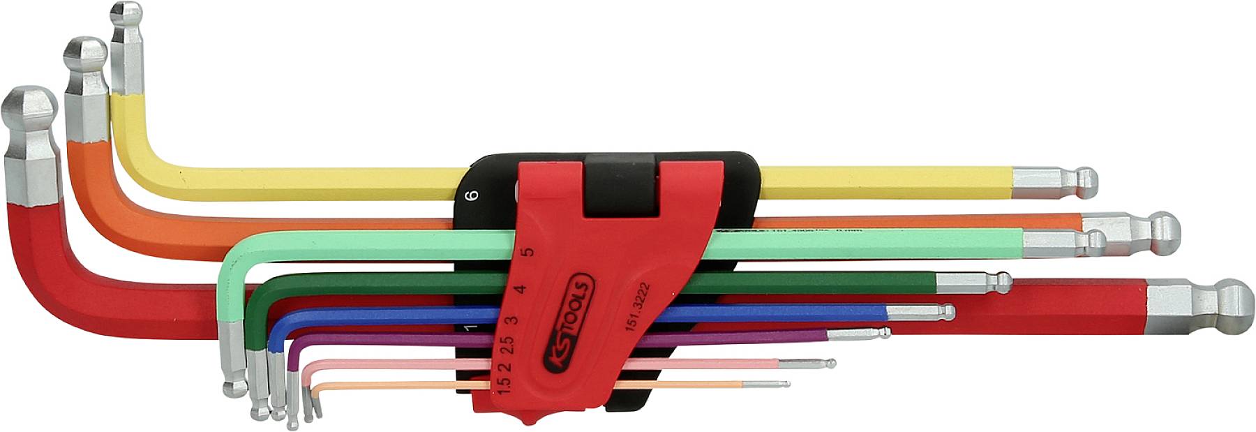 Ein Set farbiger Winkelschlüssel, geordnet nach Größe, in einer roten Halterung. Die Schlüssel haben Kugelköpfe für besseren Zugriff.