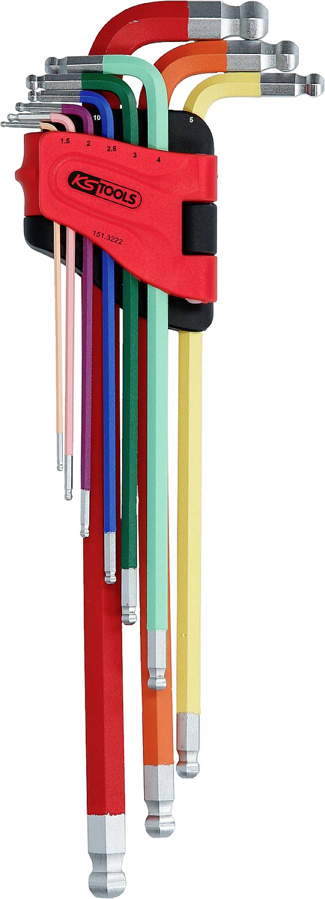 Ein Set von verschiedenfarbigen Innensechskantschlüsseln in einem roten Halter, jeweils mit Kugelkopf für besseren Zugriff.