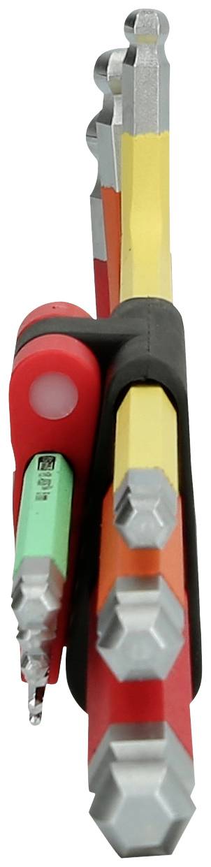 Ein Satz bunter Inbusschlüssel in verschiedenen Größen wird von einem schwarzen Halter gehalten.