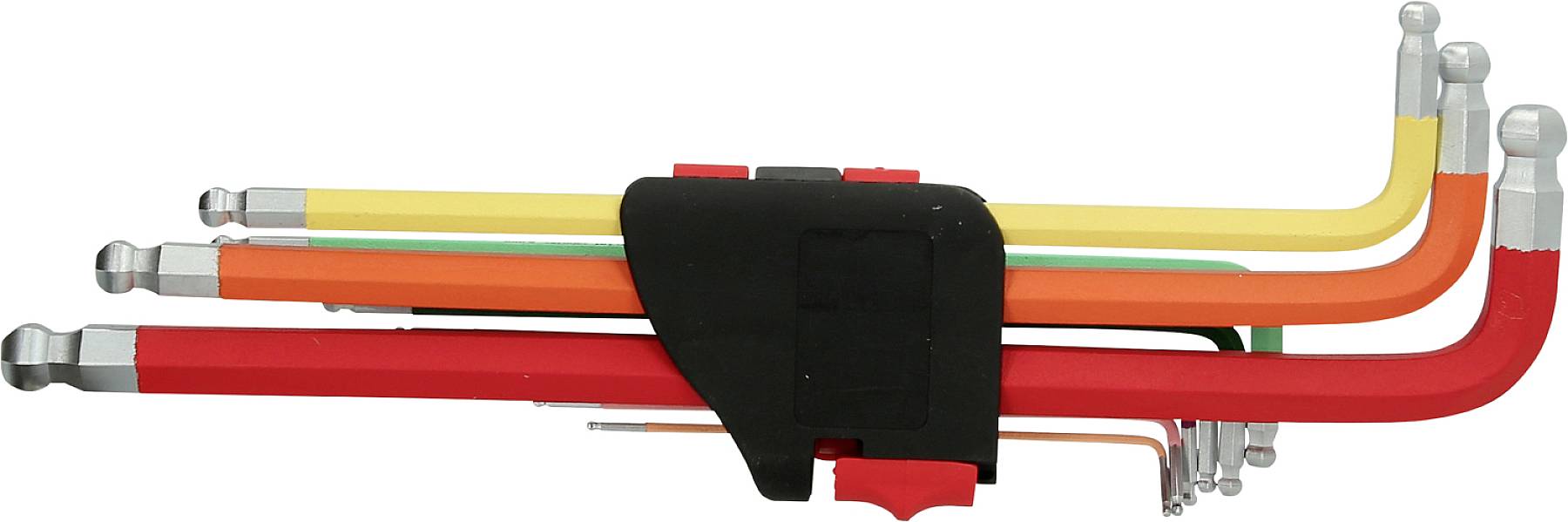 Ein Satz bunter Winkelschlüssel in verschiedenen Größen, gehalten von einer schwarzen Halterung.