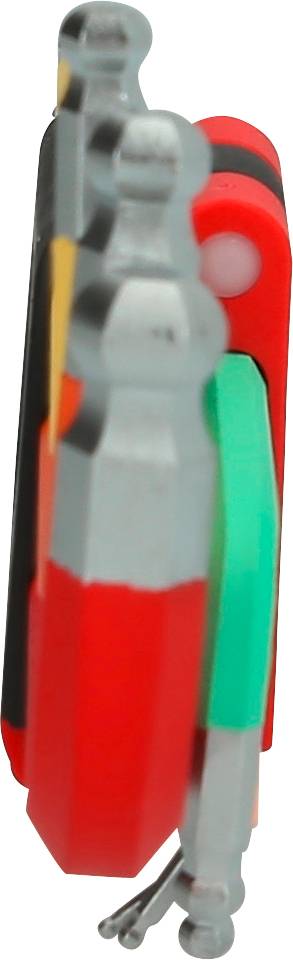 Ein Taschenmesser mit mehreren bunten Werkzeugen, geschlossen. Die Werkzeuge sind teilweise sichtbar und unterscheiden sich farblich.