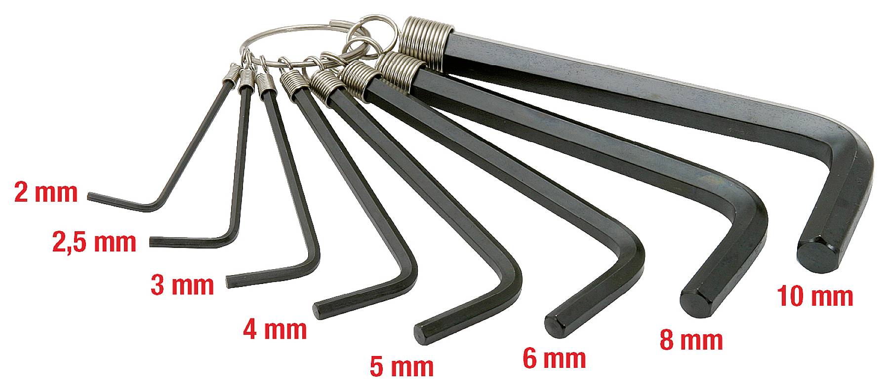 Acht Inbusschlüssel an einem Schlüsselring, sortiert nach Größe von 2 mm bis 10 mm, mit deutlichen Größenangaben in Rot.