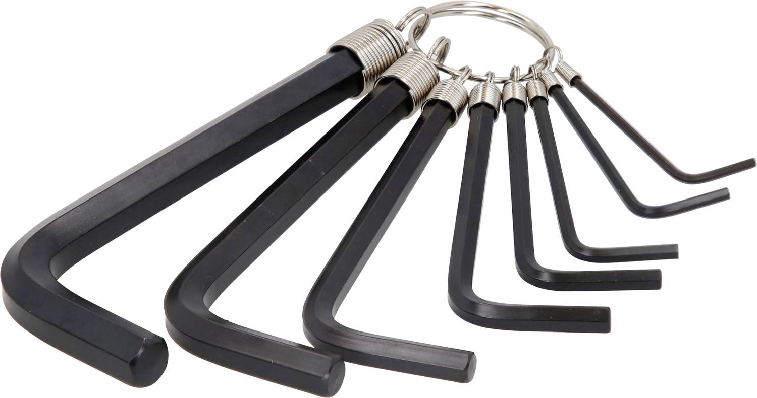 Ein Satz von neun schwarzen Inbusschlüsseln in verschiedenen Größen, die an einem Metallring befestigt sind.