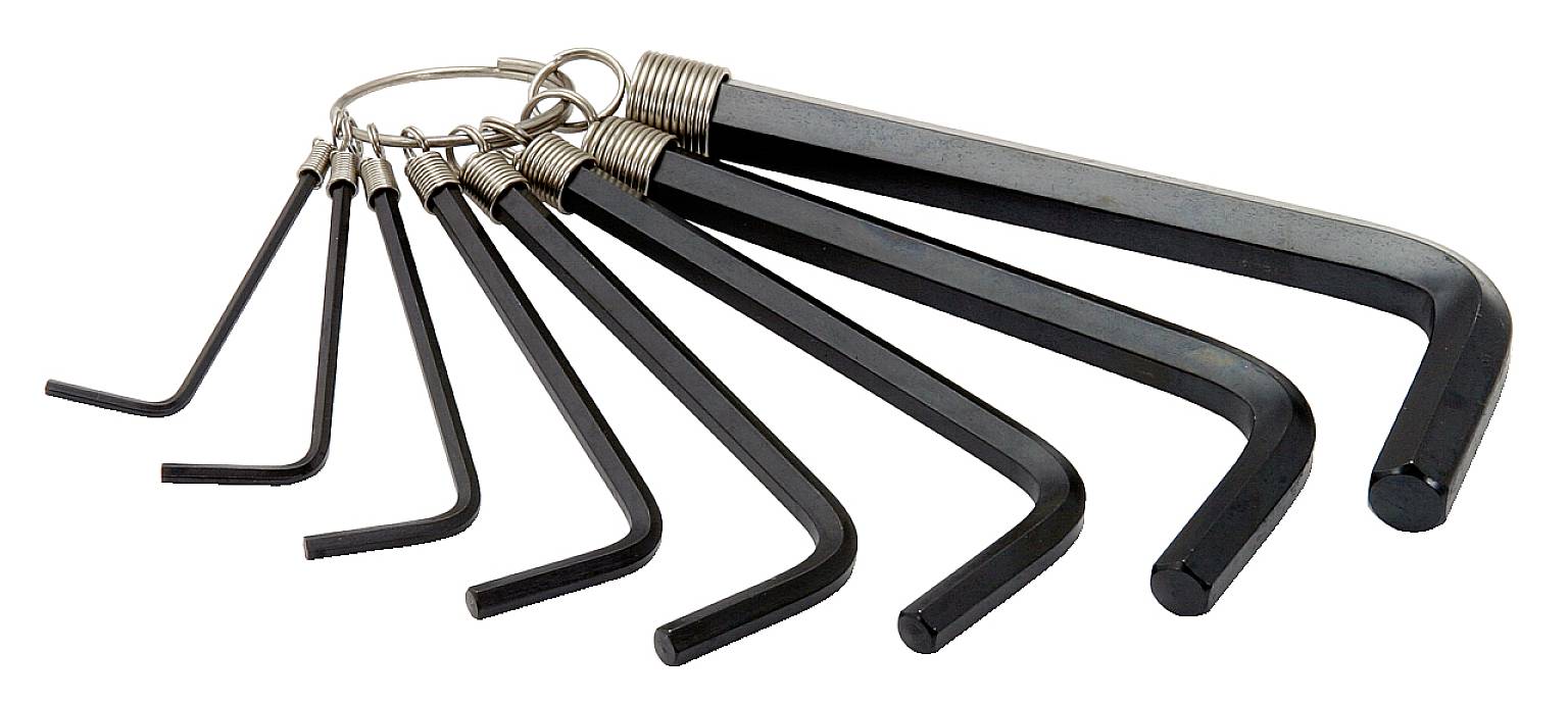 Ein Set von acht schwarzen Inbusschlüsseln in verschiedenen Größen, zusammengehalten von einem Metallring.