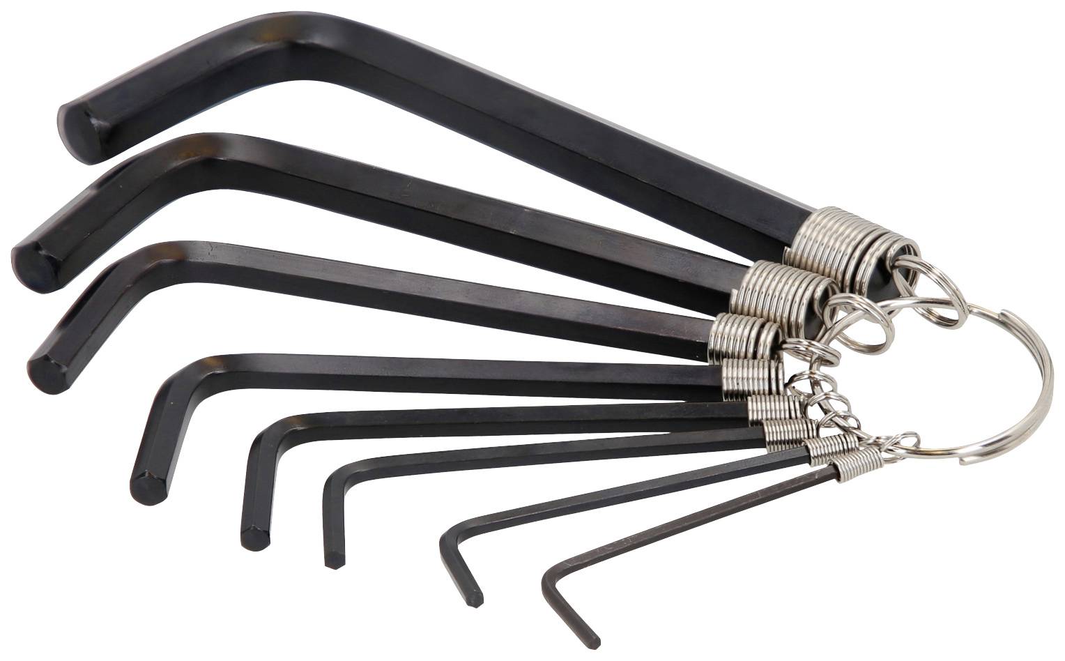 Ein Set von sieben schwarzen Inbusschlüsseln in verschiedenen Größen, verbunden durch einen Metallring.