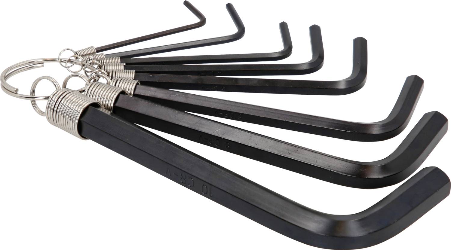 Ein Satz von acht schwarzen Inbusschlüsseln in verschiedenen Größen, aufgereiht an einem Metallring. Geeignet für Schrauben mit Innensechskant.