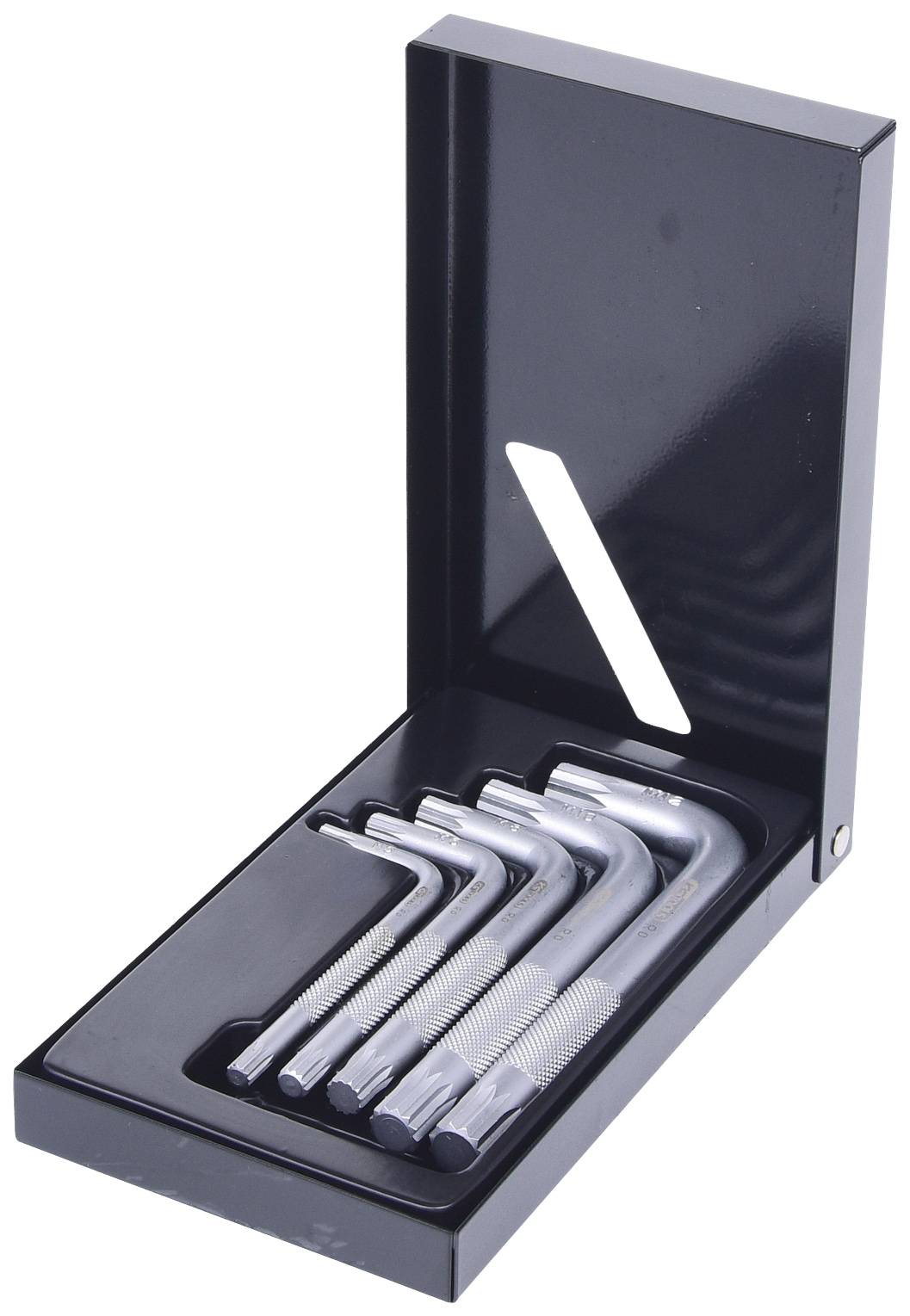 Ein Satz von sechs Inbusschlüsseln in verschiedenen Größen, ordentlich in einer schwarzen Aufbewahrungshalterung angeordnet.