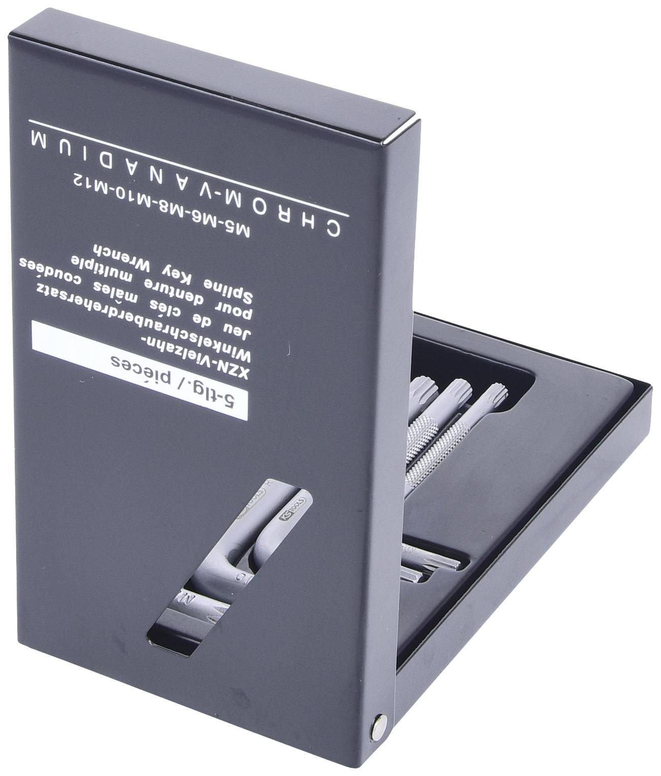 Schwarzer Schraubenschlüssel-Satz mit Logo 'CHRO-MA-VADIUM'. Set enthält verschiedene Schlüsselgrößen, kompakt angeordnet im Etui.