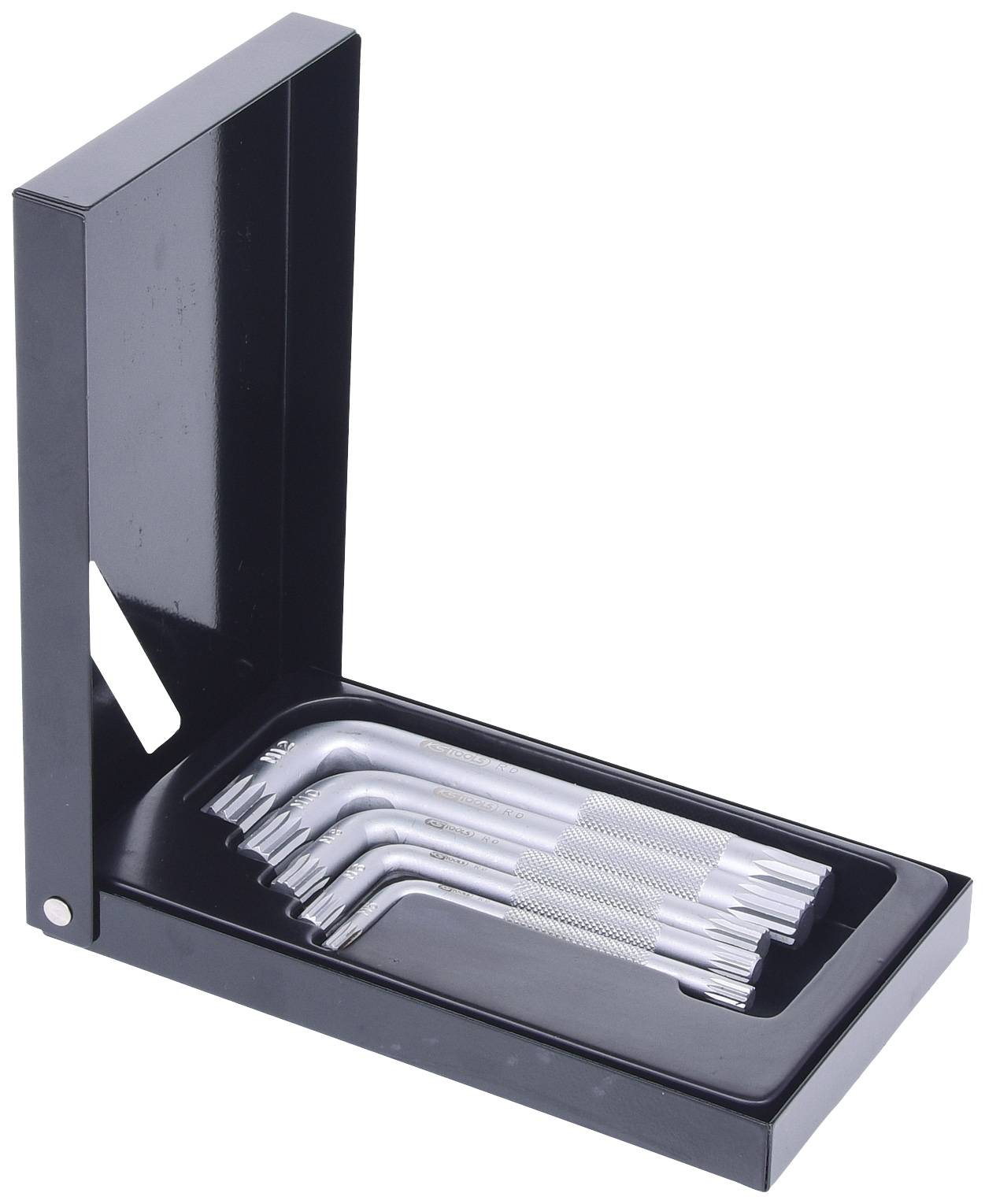 Ein Satz silberner Innensechskantschlüssel in einem schwarzen Halter, geöffnet und zur Ansicht ausgelegt.