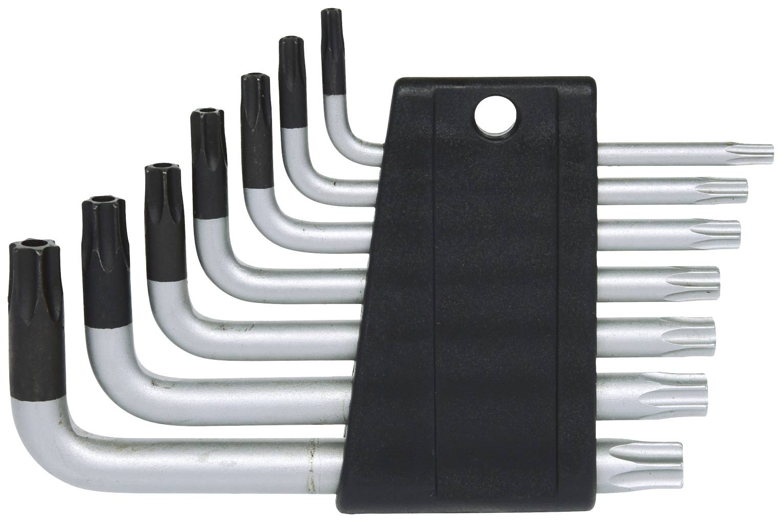 Ein Set von neun Torx-Schlüsseln in verschiedenen Größen, angeordnet in einem schwarzen Halter. Geeignet zum Festziehen oder Lösen von Schrauben.