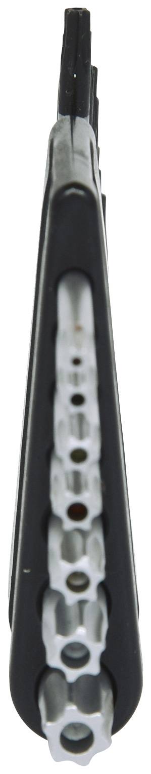 Nahaufnahme eines schwarzen Metallwerkzeugs mit mehreren Stapelschichten, die von oben sichtbar sind.