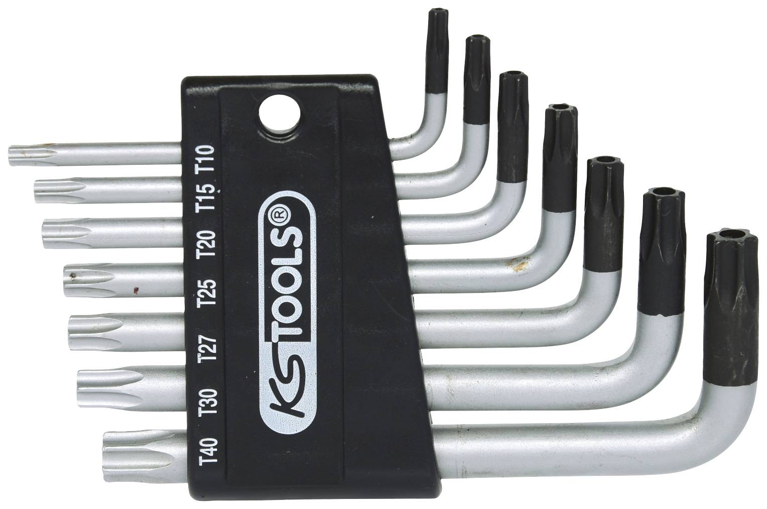 Ein Satz Torx-Schlüssel verschiedener Größen von T10 bis T40 in einem schwarzen Halter, aufgereiht in aufsteigender Reihenfolge.