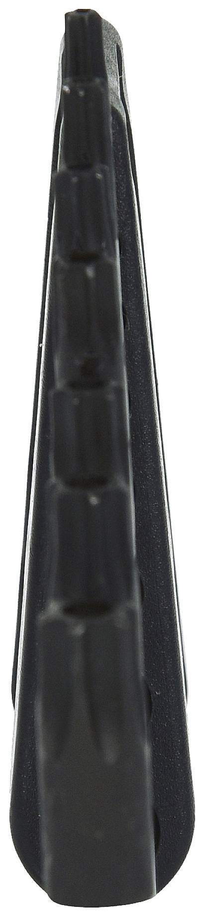 Eine schwarze, gewellte Kunststoffklemme von der Seite betrachtet. Sie zeigt die Rillenstruktur und hat einen leicht konischen Verlauf.
