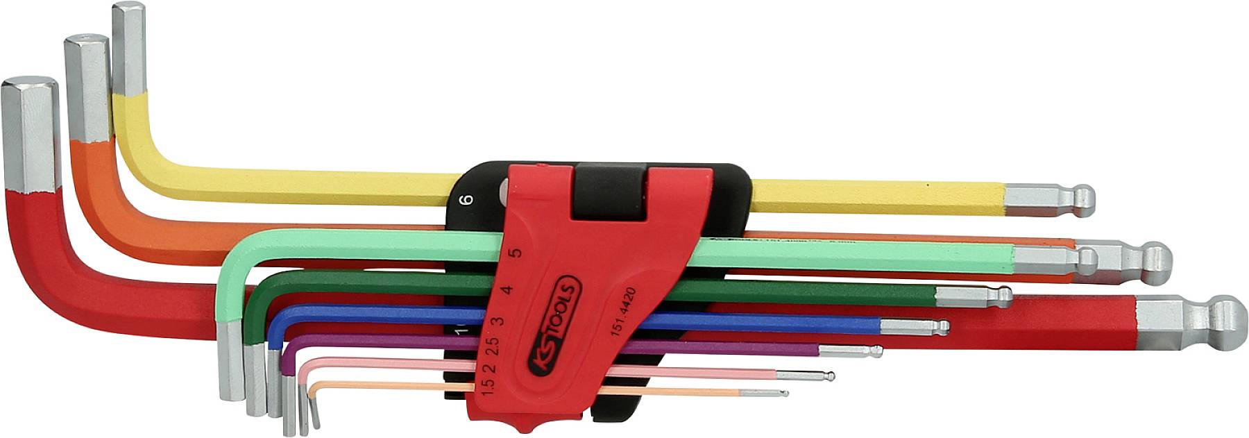 Ein Set aus bunten Sechskantschlüsseln in verschiedenen Größen, organisiert in einem roten Halter.