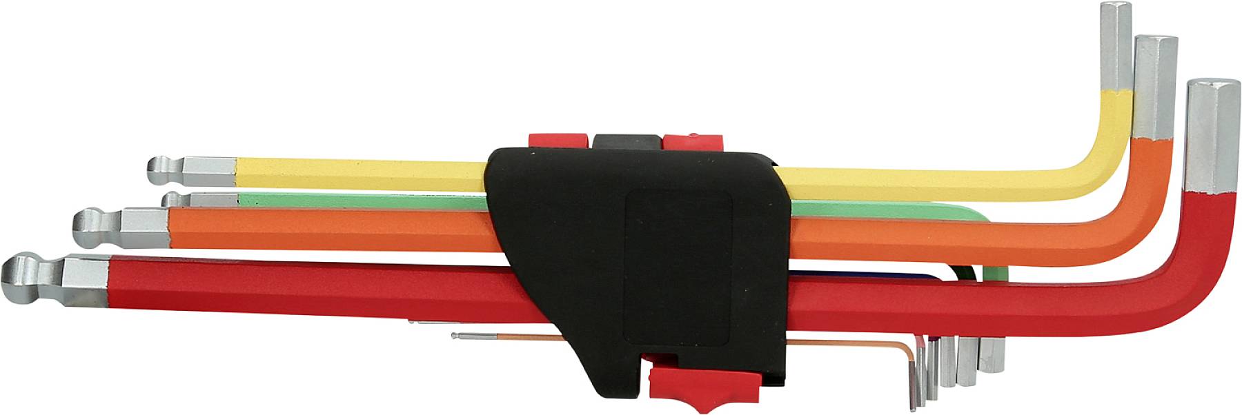 Ein Set bunter, L-förmiger Inbusschlüssel in einem schwarzen Halter, sortiert nach Größe.