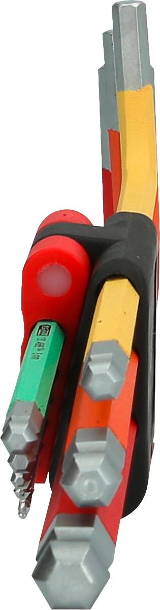 Ein Set bunter, sechskantiger Multitools mit verschiedenen Größen, zusammengehalten von einem Kunststoffhalter. Ideal für präzise Schraubarbeiten.