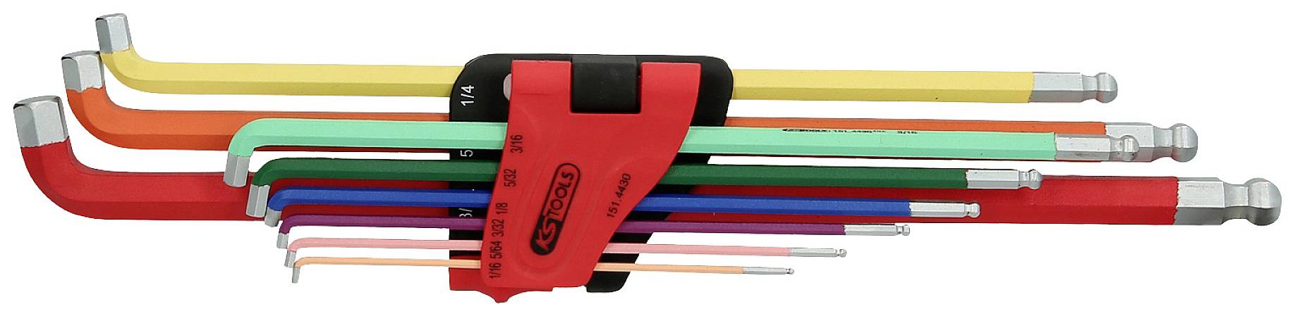 Ein Set von neun unterschiedlich farbigen Winkelschlüsseln in einem roten Halter, geordnet nach Größe.