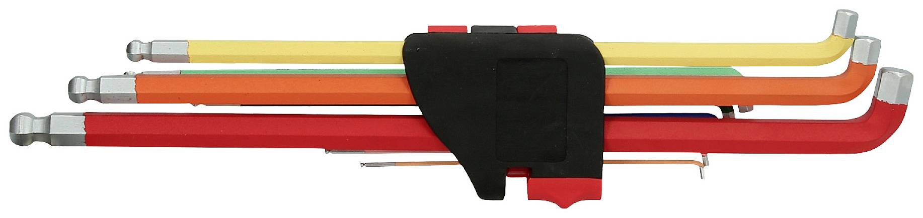 Vier zusammengeklappte, bunte Wanderstöcke liegen nebeneinander. Farben: Rot, Orange, Gelb und Blau.