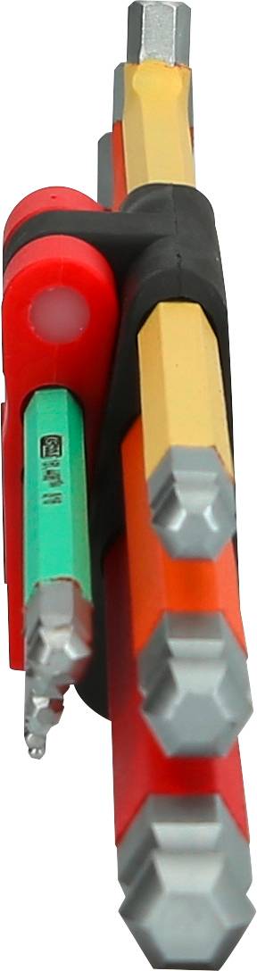 Ein Set von sechs farbigen Inbusschlüsseln, zusammengehalten durch eine schwarze Halterung. Die Schlüssel sind aus Metall.